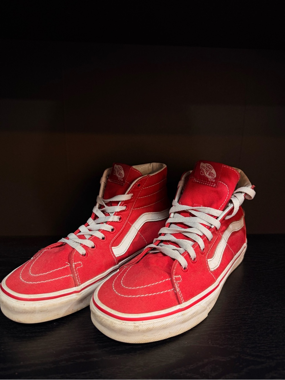 Vans Red and White High-Top Skate Sneakers
